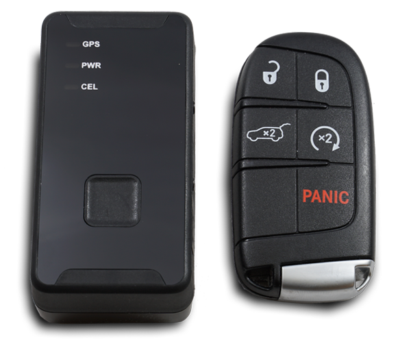 Size comparison of mini GPS tracker to key fob